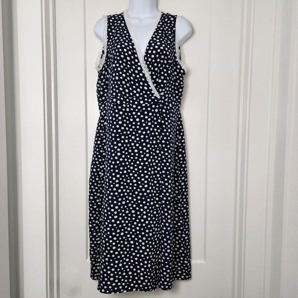 Rouje J.Crew Navy Polka Dot Midi Dress 12 Lace Parisian Quiet Luxury Y2K 90s - Picture 2 of 16